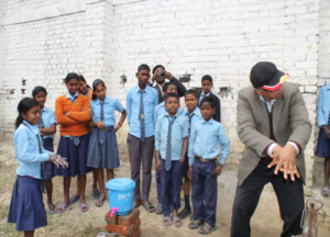 Demonstration about hand washing practice to school children under the sanitation and hygiene campaign programme in Bardiya district in mid-western development region of Nepal.