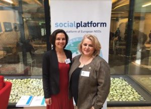 Kélig Puyet, new Executive Director at Social Platform, was congratulated by Ana Lima at the event to celebrate her new executive role